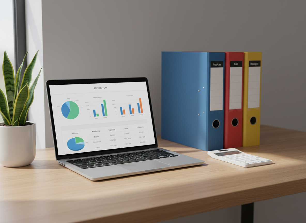 A neat, modern home office desk setup displaying a silver laptop open to a clean bookkeeping dashboard filled with tidy charts and organised expense categories. Beside it sits a stack of colour-coded lever-arch folders labelled “Invoices,” “BAS,” and “Receipts,” along with a slim wireless calculator and a small plant in a matte white pot. The desk is a light oak surface against a soft grey wall, with no clutter. Soft daylight filters in from an unseen window, creating gentle shadows and a calm, professional atmosphere. Photographic realism, eye-level composition, with a shallow depth of field that keeps the laptop and folders in crisp focus while the background gently blurs, suggesting clarity, order, and stress-free organisation for small businesses.