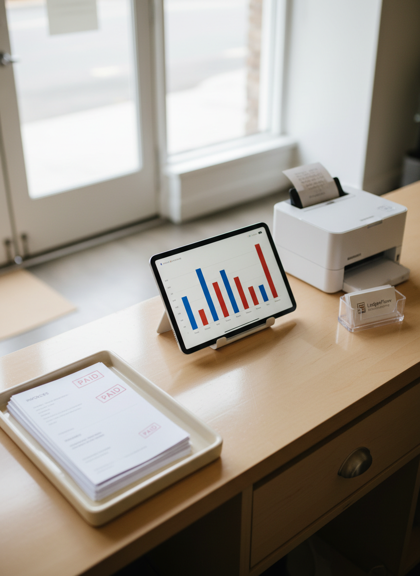 An overhead view of a tidy small-business counter made from polished light wood, featuring a sleek tablet propped on a stand showing a bar chart of monthly income and expenses, all trending upward. Next to it, a compact receipt printer sits beside a small acrylic holder containing business cards that subtly reference bookkeeping services. A ceramic tray holds neatly stacked invoices with bold “Paid” stamps on top. Natural daylight streams in from a nearby shopfront window, creating gentle reflections on the tablet screen and a bright, optimistic mood. Photographic realism, bird’s-eye composition with pronounced depth through layered objects, visually reinforcing the idea of staying on top of cash flow and being ready to grow.