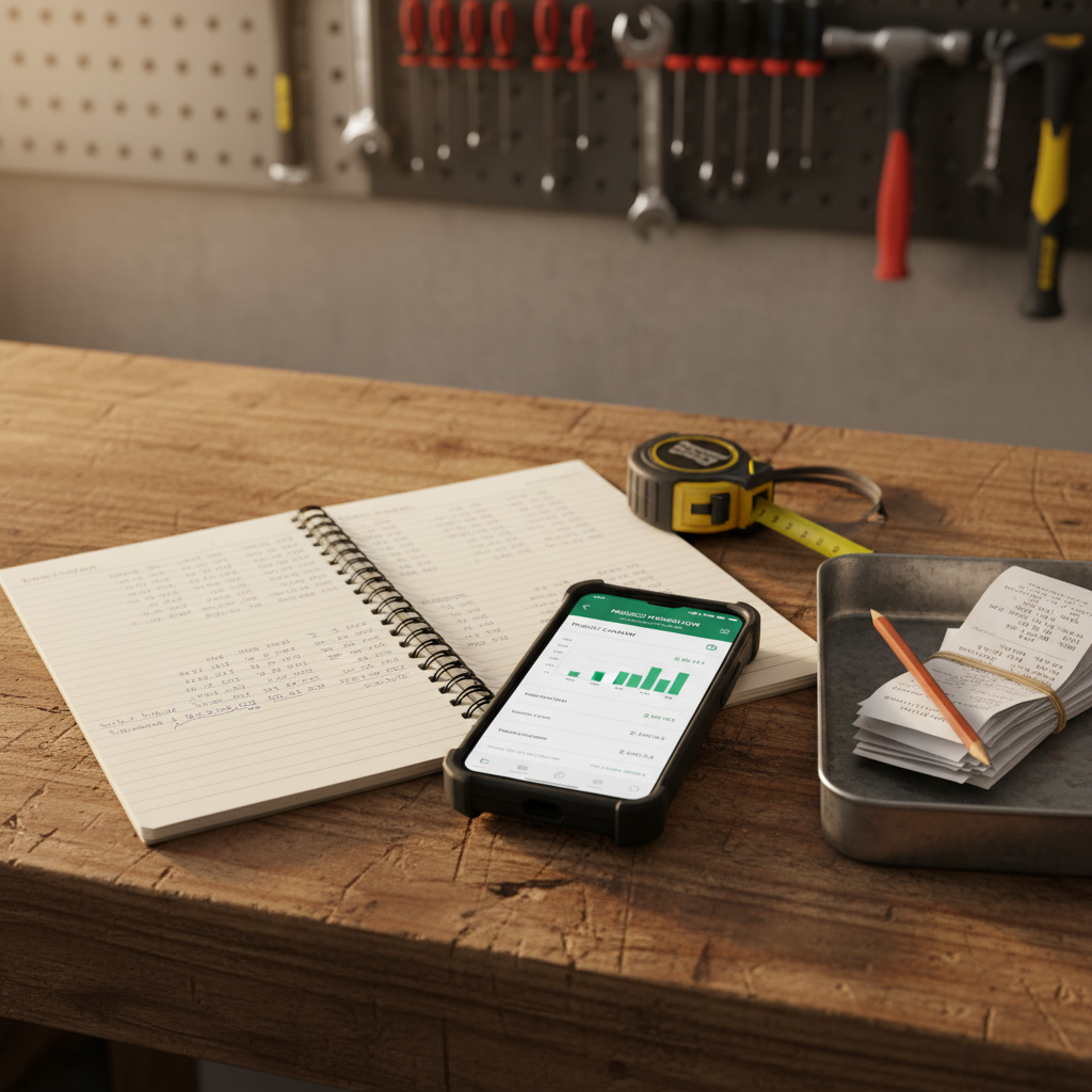 A close-up of a sturdy, well-used tradie workbench made of raw timber, where an open notebook with neat handwritten figures lies beside a rugged smartphone displaying a bookkeeping app summary screen. Nearby, a tape measure, carpenter’s pencil, and a small pile of neatly stacked receipts sit in a shallow metal tray. The background shows blurred hints of a workshop wall with tools hanging in orderly rows. Warm late-afternoon light enters from the side, casting soft highlights across the paper and phone screen. The mood is practical and reassuring, showing how finances are under control even in a busy trade environment. Photographic realism, shot from a slightly elevated angle with moderate depth of field, emphasising the balance between hands-on work and organised bookkeeping.