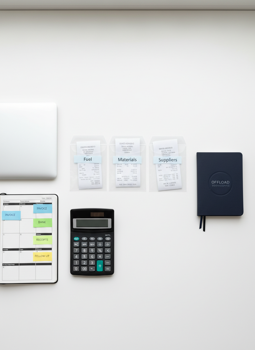 A clean, minimalist flat lay of bookkeeping essentials arranged on a smooth white surface: a slim silver laptop closed beside an open ring-bound planner with clearly segmented weekly tasks, colour-coded sticky notes, and a streamlined calculator. Receipts are sorted into transparent, labelled envelopes reading “Fuel,” “Materials,” and “Suppliers.” A small, navy-blue notebook embossed with a subtle logo reading “Offload Bookkeeping” rests nearby. Soft, diffused daylight from above eliminates harsh shadows, creating an even, reassuring light. The composition uses rule of thirds with strong, straight lines and plenty of negative space, conveying clarity and professionalism. Photographic realism with sharp focus throughout, projecting a calm, organised, and compliant financial environment ideal for tradies and small business owners across NSW.